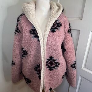 Pink Sherpa Hooded Jacket with Aztec Tribal Southwest Pattern
